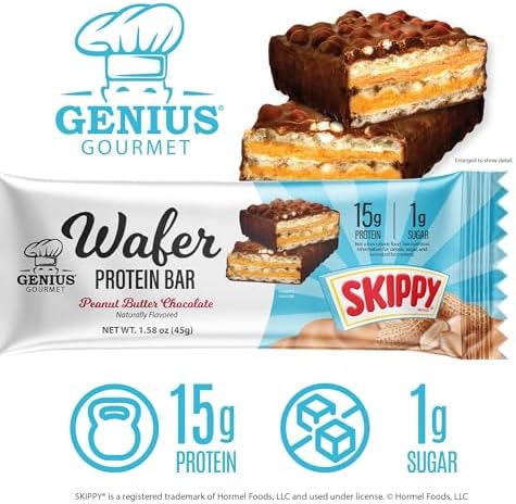 Genius Gourmet SKIPPY® Peanut Butter Chocolate Flavored Wafer Protein Bars,15g Protein per serving (30% DV), 1g Sugar, Chocolatey Snack Bar – 10 Count