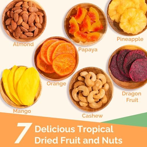Dried Fruit Gift Basket - 7 Tropical Flavor Dried Fruit Basket Gift |12.5oz Soft Dried Fruit and Nuts Gift Basket - Dry Fruits Gift Box | Healthy Food Gifts for Men Food Gift Baskets for Women Dad Mom