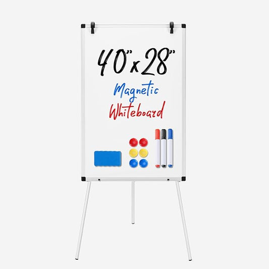 DUMOS White Board Easel 40 x 28 Inches, Magnetic White Board Dry Erase, Porbable Boards Height Adjustable, Dry Erase Board with Stand for School, Office and Home, Silver Aluminium Frame, White