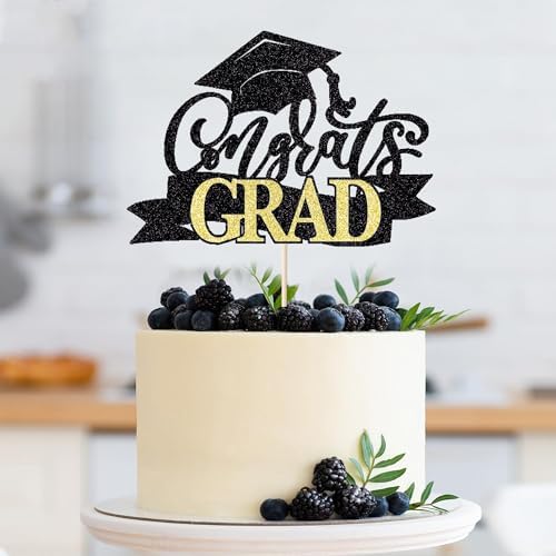 Black Gold Glitter Congrats Grad Cake Topper, Class of 2025 Themed Graduation Party Decorations, University College/High School/College/Senior Graduation Party Celebration Supplies