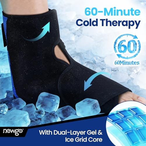NEWGO Foot Ice Pack Wrap for Plantar Fasciitis, 60-Minute Long Lasting Heel Ice Pack with Ice Grids Design for Foot Surgery, Sprained Ankle, Heel Pain, Swelling