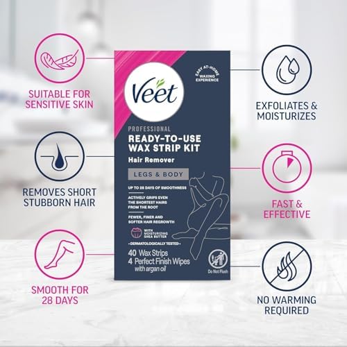 VEET Ready-To-Use Waxing Kit For Women, Wax Strips For Body Hair Removal, Wax Kit For Legs and Body, Personal Care Product, Hair Remover, 40ct Waxing Strips, 4ct Body Wipes (Pack of 3)