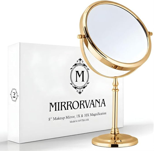 MIRRORVANA Large Double Sided 10X and 1X Magnifying Makeup Mirror with Stand in Gift Box, 15â Tall and 8â Wide (Gold)