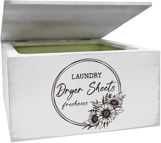 SUPERDANT Dryer Sheets Holder with Lid Rustic Dryer Sheet Dispenser Sunflower Dryer Sheets Lettering Laundry Sheet Container Fabric Softener Dispenser Box for Laundry Room Organization Storage White