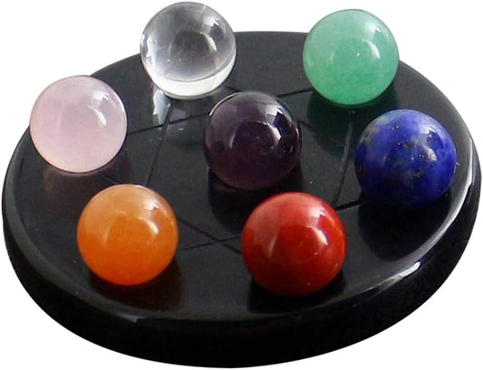 Beavorty 7 Chakra Gemstone Ball Set on Obsidian Stand for Healing Stress Relief Feng Shui Decor Includes Random Color Crystals Bead for Meditation and Energy Balance