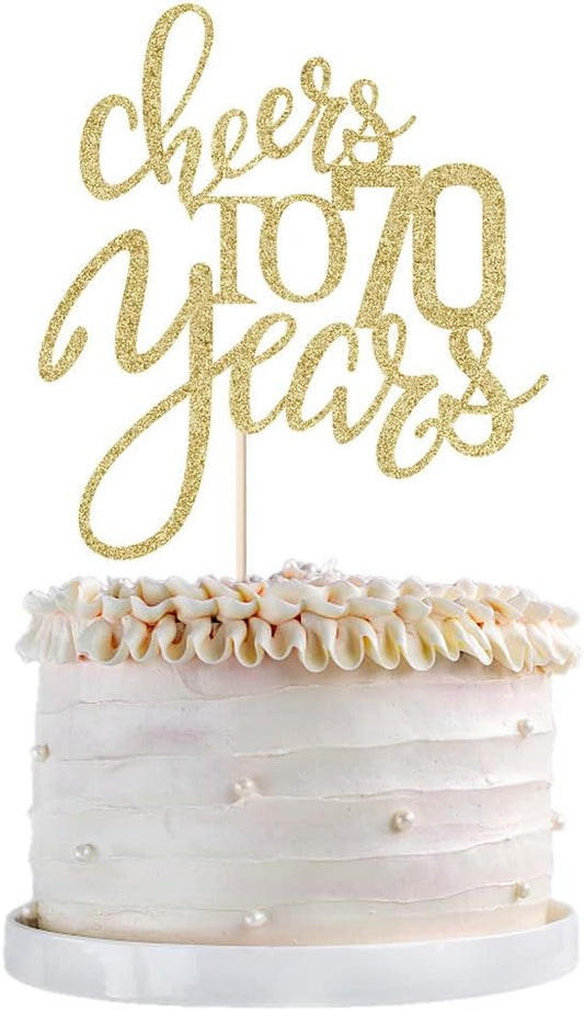 Gold Glitter Cheers to 70 years Cake topper, Happy 70th Birthday Cake Decorations,Perfect for 70 Years Cake Decorating,Wedding/Anniversary Party Decorating supplies.