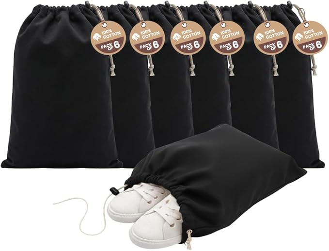 LFH Cotton Shoe Storage Bags with Drawstring, Dustproof Breathable Reusable Organizer, Perfect For Travel, Dorm, Hotel, College, Gym, Easy to Carry, Machine Washable 12"x17" (Pack of 6) - Black sand