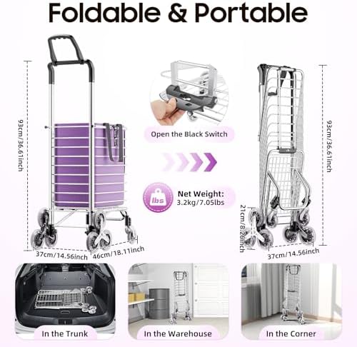 35L Folding Shopping Cart, Portable Heavy-Duty Grocery Trolley with 360° Swivel Wheels Stair Climbing Shopping Cart for Groceries Supermarkets Farmers Market Picnics 89 LBS Capacity