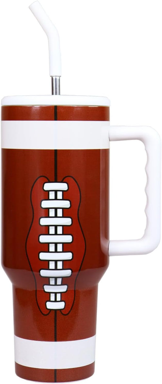 Football Tumbler 40 oz with Handle and Straw, Football Gifts for Sports Lovers Cup Holder Friendly Insulated Travel Mug Stainless Steel Water Bottle