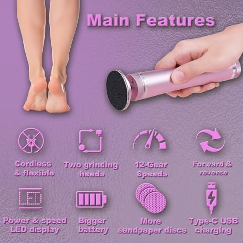 Electric Foot Callus Remover, Cordless Foot File Pedicure Tool, Foot Sander Nail Grinder with 60+10PCS Sandpapers for Dead Skin Dry Calluses, 3 in 1 Foot Scrubber & Nail File(Pink)