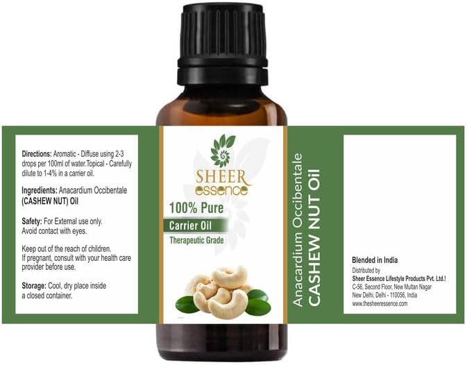 Pure Cashew NUT Oil 100% Natural Undiluted Therapeutic Grade Uncut Cold Pressed Carrier Oils for Skin, Hair and Aromatherapy 500ML
