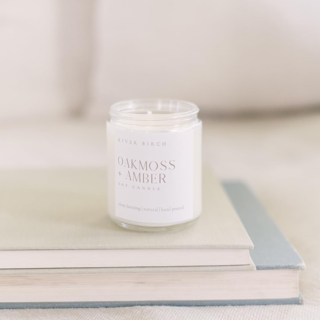 River Birch Candles Oakmoss + Amber Scented Candle | Premium, All-Natural, Non-Toxic, Soy Wax | 8.5oz 40 Hr Burn Time | Cozy Relaxing Gifts for Home