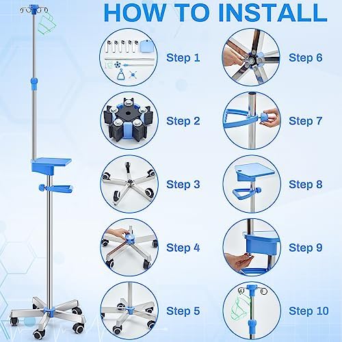 Medical Iv Pole with Wheels, Stainless Steel Adjustable 43.3" to 78.7" Height, Iv Stand with 4 Hook, 5 Caster Base, Tray & Hanging Net for Hospital, Home Infusion Practice and Therapy(Blue,Classic)