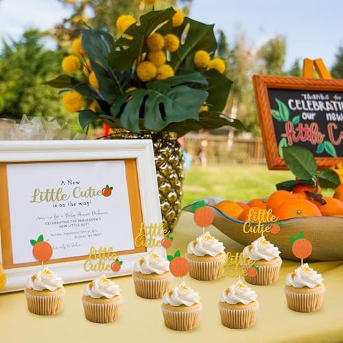 24pcs Little Cutie Baby Shower Decorations Orange Cupcake Toppers Glitter Cupcake Picks Clementine Themed Party Favor Birthday Supplies