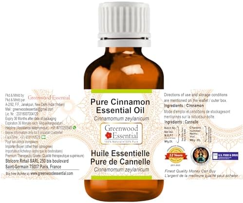 Greenwood Essential Cinnamon Essential Oil (Cinnamomum zeylanicum) Pure | Non-Sticky | Non-Greasy | Lightweight | Men & Women | All Skin Types | Steam Distilled 15ml (0.50 oz)