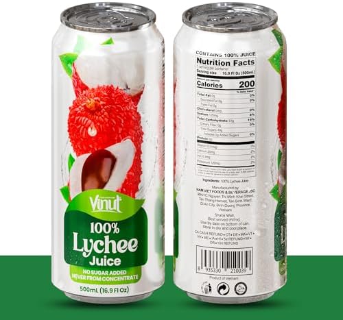 VINUT 100% Lychee Juice, No Added Sugar, Not From Concentrate, 16.9 fl oz (500 mL) Can, Pack of 12