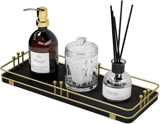 Bathroom Vanity Tray for Countertop Toiletries Perfume Makeup Soap Dispenser Toilet Tank, Kitchen Tray for Salt Spice, Decor Tray for Candle Nightstand Coffee 11.3âx 4.4â Black-Gold