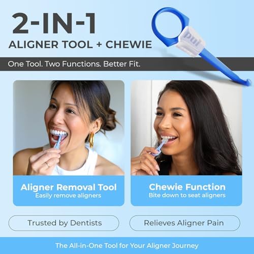 PUL 2-in-1 Aligner Removal Tool and Chewies for Invisalign Aligners, Retainers and Trays - Patented Invisalign Remover Tool for Easy Removal & Secure Fit - Pack of 2, Pink
