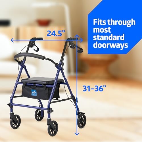 Medline Rolling Walker for Seniors, Folding Rollator with Seat and 6" Wheels, Blue, 350-lb. Capacity, Steel