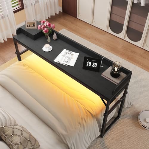 HOOBRO Overbed Table with Wheels, Rolling Table with Outlets & Light Strip for Queen Bed, Mobile Bed Desk & Drawer and Adjustable Height, Giant Computer Desk for Living Room, Black BB180UDDN01