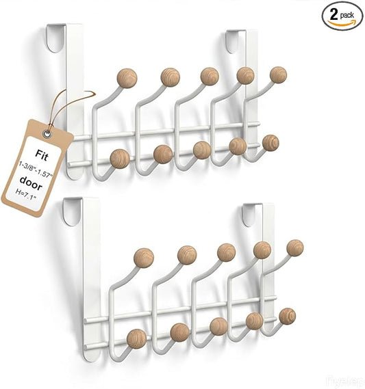 2 Pack Over The Door Hooks(7.1" H) with 10 Wooden Knobs, Over Door Hanger, Heavy Duty No Drill Hanger for Towels, Coats, Hats, Bags in Bathroom, Bedroom, Kitchen, Living Room