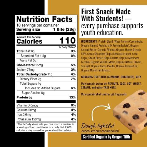 Fuel 4 Ever Protein Bites Chocolate Chip Cookie Dough | 8 G Protein Each | Certified Organic | 10 Individually Wrapped Bites