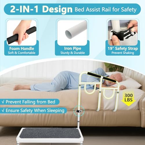 Bed Step Stool with Rail for High Beds - Adults & Elderly Assist Step Up Foot Stool with Handle - 400lb