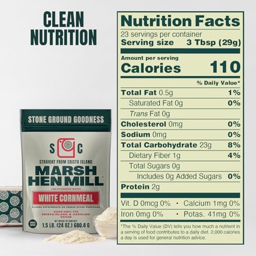 Marsh Hen Mill Stone Ground White Cornmeal | Heirloom Corn Flour | All Purpose Flour For Baking & Cooking | Versatile & Consistent Results | Grown on Family Farm | Stone Ground Cornmeal | 24 Oz Pack
