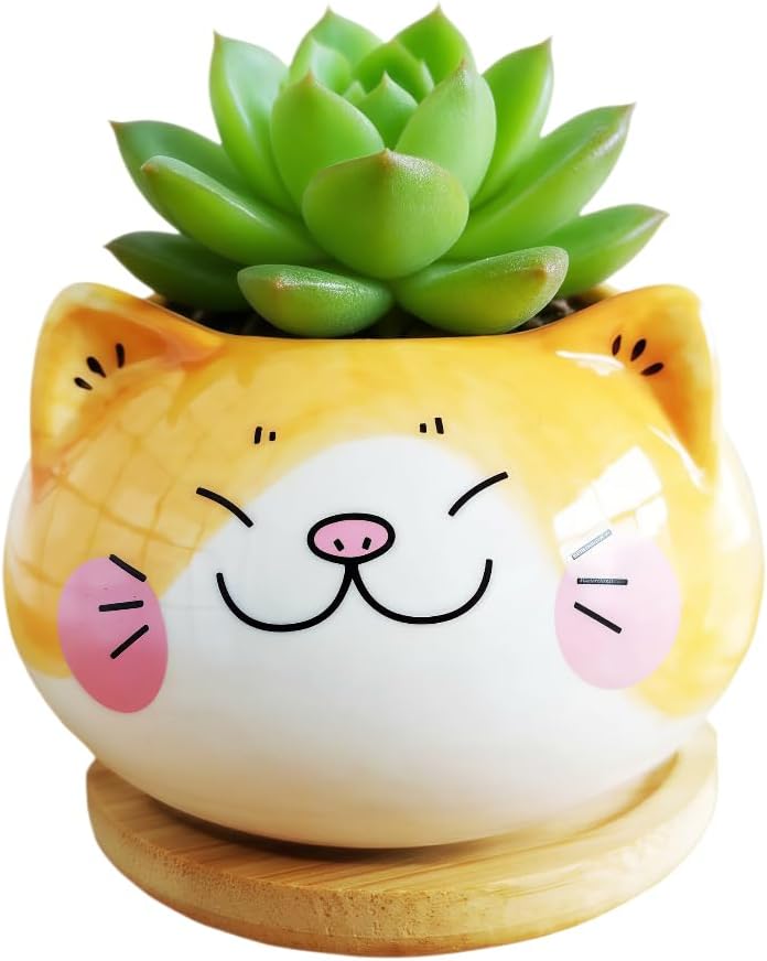 Cuteforyou Cute 3.5 Inches Indoor Cartoon Animal Cat Shaped Ceramic Succulent Cactus Flower Plant Pots with Bamboo Tray-Plant Not Included (Yellow)