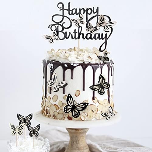 13-Piece Butterfly Cake Toppers - 3D Butterfly Cupcake Toppers for Girls & Women's Birthdays (Black & White)