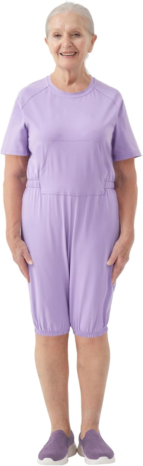 Adaptive Clothing for Women, Anti-Strip Back-Zip Jumpsuit Cotton Romper- Elderly Easy Care Onesie for Special Needs