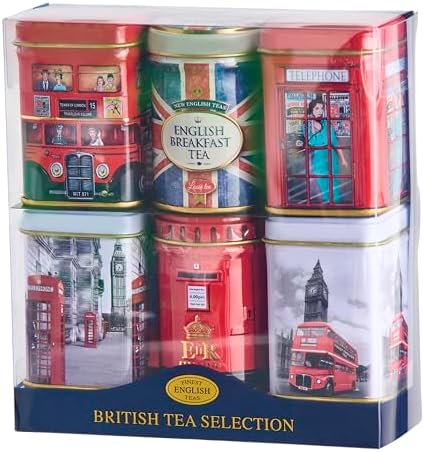 New English Teas British Icons 6x Tea Tin Gift Pack with 140g Loose English Tea - Union Jack, London Bus and Phone Box, UK Souvenir
