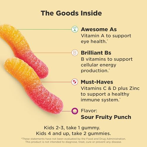OLLY Kids Multivitamin Gummy Worms, Overall Health and Immune Support, Vitamins and Minerals A, C, D, E, Bs and Zinc, Kids Chewable Supplement, Sour Fruit Punch, 45 Day Supply - 100 Count