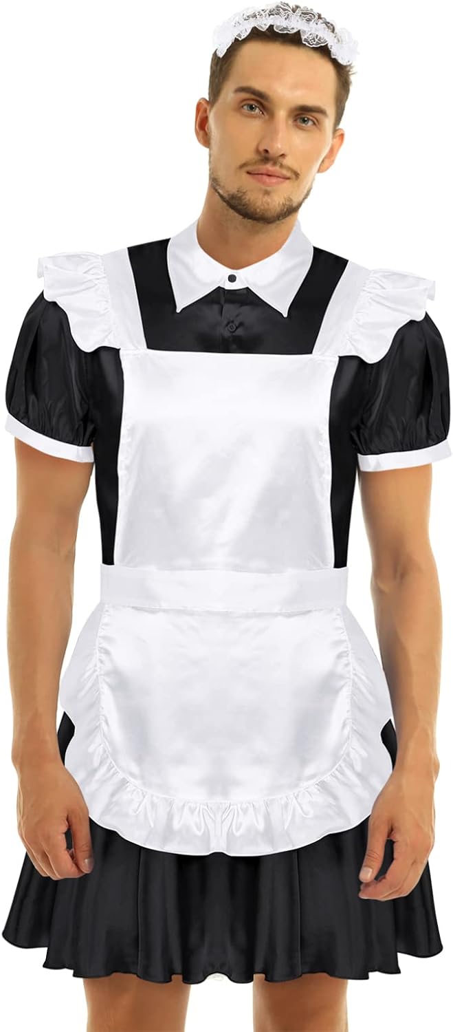 Men's French Maid Cosplay Uniform Silk Satin Mini Dress with Apron Sissy Crossdressing Pajamas Set