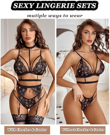 Avidlove Lace Garter Lingerie Set with Removable Choker Teddy Babydoll Strappy Bra and Panty Set (No Stockings)