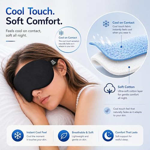 Cool Touch Cotton Eye Sleep Mask for Men & Women, Soft & Breathable, Pressure-Free Design for Side Sleepers, Adjustable Light Blocking Mask for Sleeping, Travel & Naps (Black)