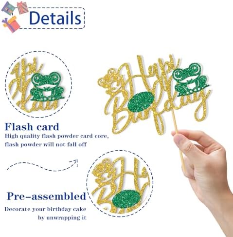 Frog Happy Birthday Cake Topper - Rainforest Birthday Cake Supplies - Hapi Burfday Baby Shower Party Decoration - Gold Glitter