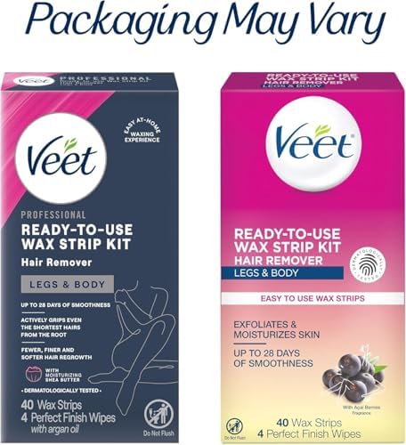 VEET Ready-To-Use Waxing Kit For Women, Wax Strips For Body Hair Removal, Wax Kit For Legs and Body, Personal Care Product, Hair Remover, 40ct Waxing Strips, 4ct Body Wipes (Pack of 3)