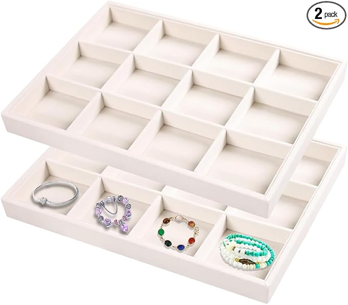 2pcs/Set Velvet Jewelry Tray, 12 Grids Large Storage Tray for Bracelet Bangle Beads Display, Jewellery Organizer Box Tray for Home Drawer or Shop Store Selling Show (Beige Velvet)
