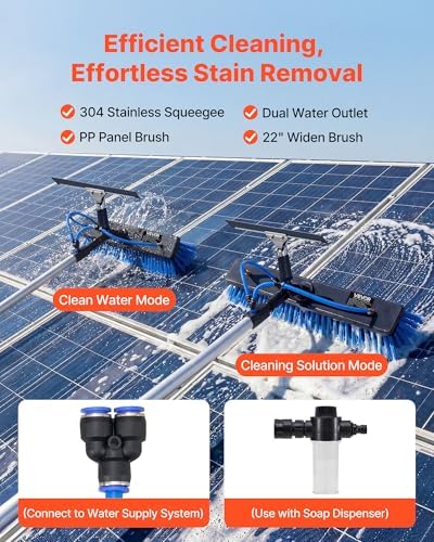 VEVOR Solar Panel Cleaning Kit, 15 ft, Water Fed Pole Kit with Cleaning Brush, Squeegee, Soap Dispenser, Extendable Aluminum Telescopic Pole, 180° Rotatable Brush Head, for Roof Mounted Solar Panels