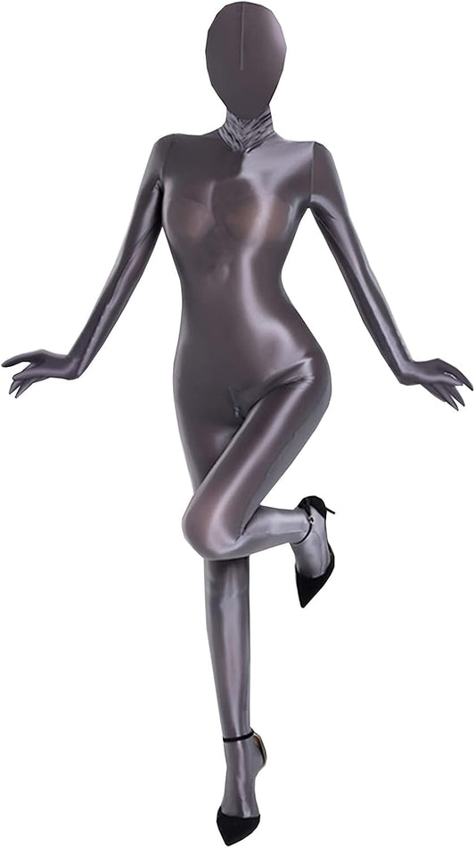 LESOYA Women's Sexy Semi Opaque Bodysuit Catsuit Zipper Crotch Zentai Suit Unitard Jumpsuit with Gloves Hood