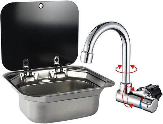 RV Sink Stainless Steel Kitchen Hand Wash Basin Sink with Folded Faucet Tempered Glass Lid Washbasin for Camper Trailer Caravan (Sink with Faucet U)
