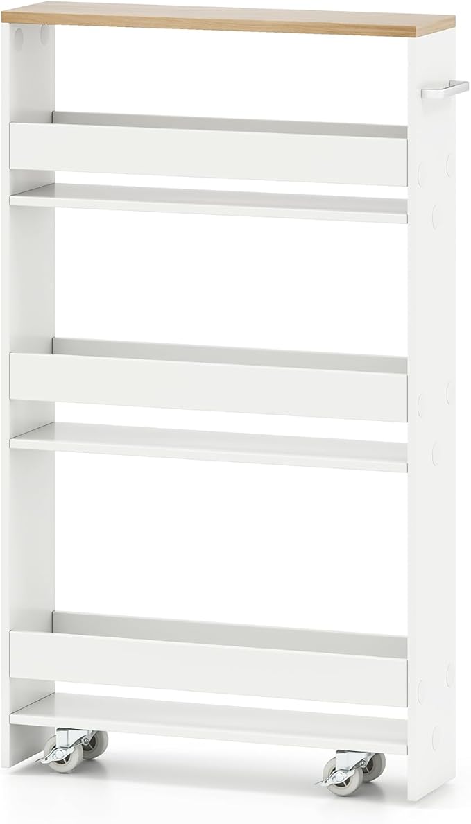 Small Kitchen Cart, 4-Tier Slim Rolling Island w/Handle, Laundry Room Storage Organizers Between Washer and Dryer, Narrow Spice Rack on Wheels Next to Fridge (White & Natural, 5'')