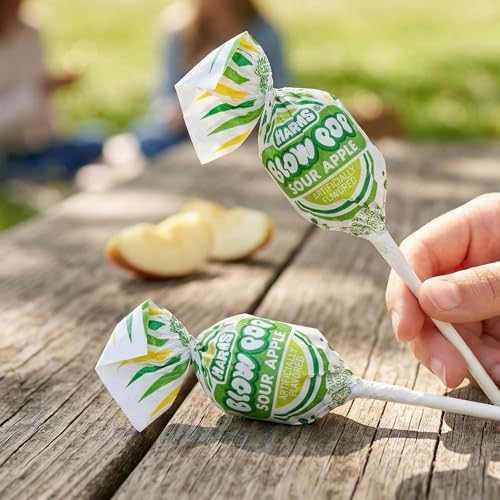 Charms Green Sour Apple Blow Pops, 1lb Bulk Bag (Approx 22), Green Apple Sour Candy Gum Filled Lollipops, Individually Wrapped Bulk Hard Candy, The Hampton Popcorn & Candy Company