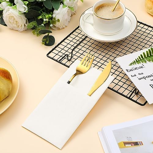 Cindeer 150 Pcs White Linen Dinner Feel Napkins with Built in Flatware Pocket Prefolded Paper Disposable Airlaid Guest Hand Towel for Silverware Wedding Reception Christmas Baby Shower