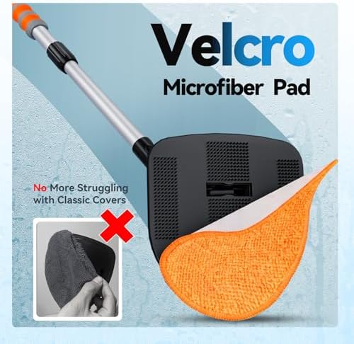 XINDELL Windshield Cleaner Tool, Car Window Cleaning Kit with 4 Reusable Microfiber Pads, Extendable Handle & 360° Rotating Head, Safety Hammer, Streak-Free Auto Glass Wiper for Car Truck SUV RV