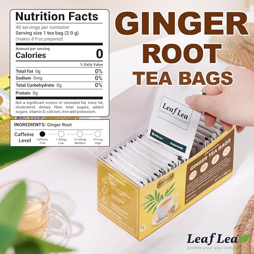 LeafLea 100% Pure Ginger Root Tea Bags – Spicy & Warming Herbal Tea, Supports Digestion & Immune Health, Individually Wrapped, Non-GMO, Caffeine Free, Sugar Free, No Gluten