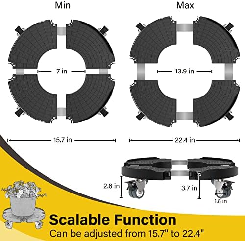 Goovilla Plant Stand with Wheels Heavy Duty, 2Pack Adjustable 15-22 Plant Caddy with Lockable Caster Wheels 440LBS, Rolling Plant Stand/Dolly/Roller for Indoor Outdoor Large Planter, Flower Pot,Black