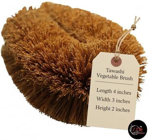 Tawashi Vegetable Brush - Natural Coconut Coir Fiber Kitchen Scrubber - Eco-Friendly Fruit & Veggie Scrub Brush for Cleaning Produce, Pots and Pans - Authentic Sri Lankan Design, Plastic-Free