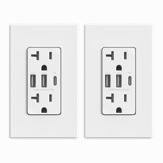 ELEGRP USB Outlets Receptacles, 3-Port Wall Outlet, 30W 6.0A Electrical Outlet, 20 Amp Tamper-Resistant Outlet with Type C Ports, UL Listed, Wall Plate Included, 2 Pack, Matte White